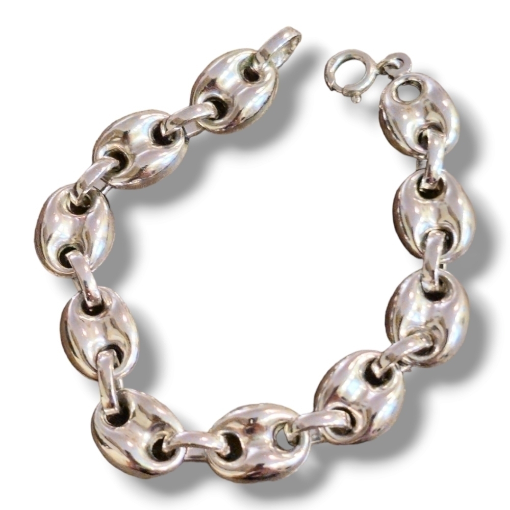 UNOAERRE Italian Sterling Silver 925 Mariners Chain Vintage Puffy Link Bracelet